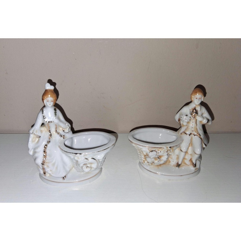 Vintage Japan Courting Couple Mini Planters – Gold Trim – Matching Set – 3.75–4"